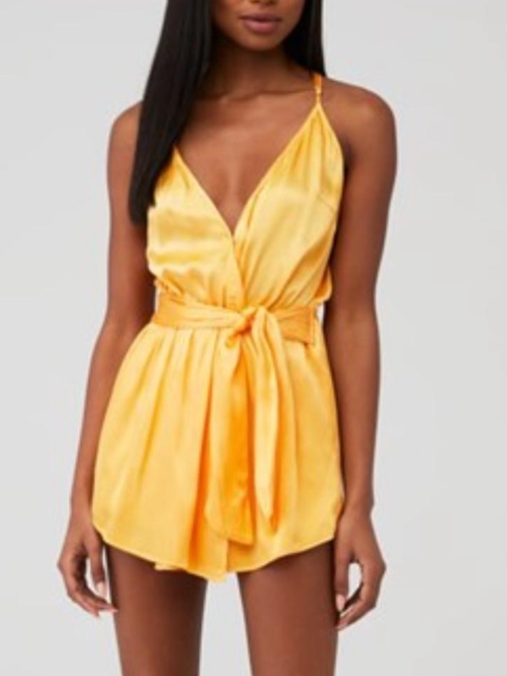Rays for Days Satin Wrap Mini-Dress in Bright Yellow with Tie Waist